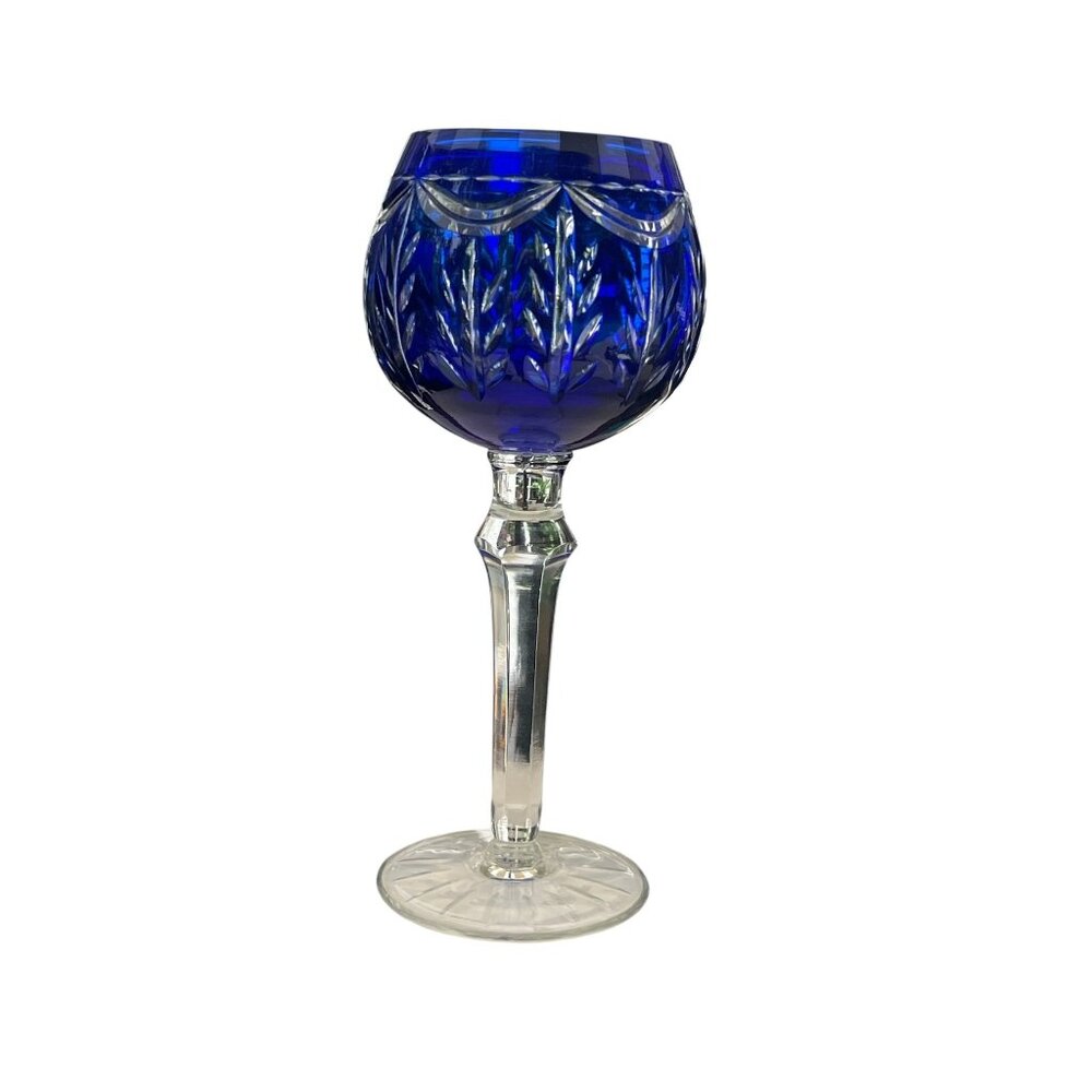 Vintage Cobalt Blue Cut Crystal Wine Goblet With Clear Stem